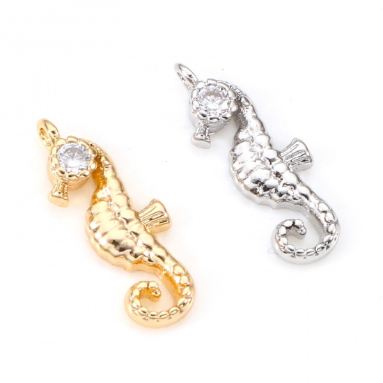 Image de Breloques Bijoux d'Océan en Laiton Cheval de Mer Plaqué Or Véritable à Zircone Cubique Clair 15mm x 5.5mm, 2 Pcs