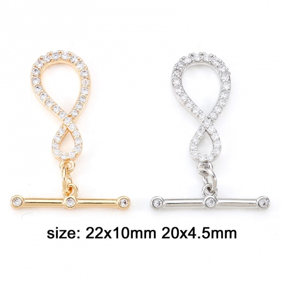 Bild von Messing Knebelverschluss Unendlichkeit Symbol Echtgold plattiert Micro Pave Klar Zirkonia 22mm x 10mm, 1 Set