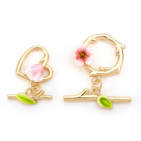 Brass Toggle Clasps Flower Leaves 18K Real Gold Plated Enamel