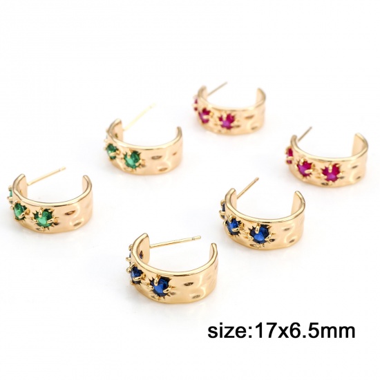 Picture of Copper Hoop Earrings C Shape 18K Real Gold Plated Multicolour Cubic Zirconia 17mm x 6.5mm