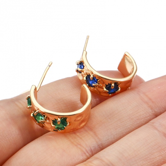 Picture of Copper Hoop Earrings C Shape 18K Real Gold Plated Multicolour Cubic Zirconia 17mm x 6.5mm