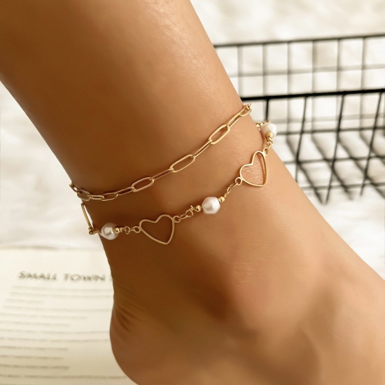 Picture of Y2K Multilayer Layered Anklet Gold Plated Pentagram Star Heart Imitation Pearl