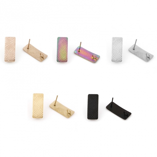 Picture of Eco-friendly Vacuum Plating 304 Stainless Steel Ear Post Stud Earring With Loop Connector Accessories Rectangle Multicolor Texture 20mm x 8mm