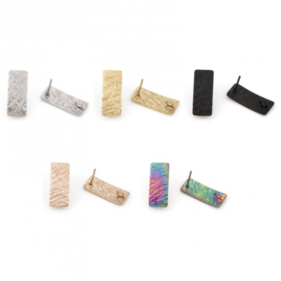 Picture of Eco-friendly Vacuum Plating 304 Stainless Steel Ear Post Stud Earring With Loop Connector Accessories Rectangle Multicolor Wood Grain 20mm x 8mm