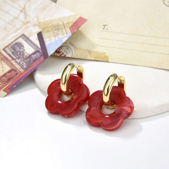 Image de 1 Paire Hypoallergénique Sucré & Mignon Boucles d'Oreilles Élégant en Laiton & Résine Fleur Plaqué Or 18K Fête Pour Femmes