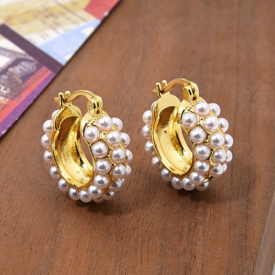 Picture of Hypoallergenic Retro Elegant 18K Gold Plated Brass C Shaped Imitation Pearl Hoop Earrings For Women Anniversary