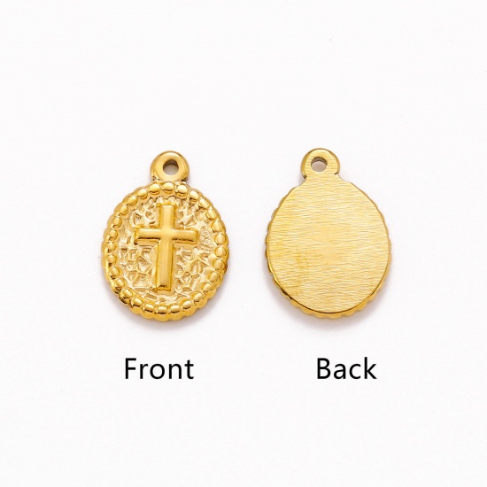 Immagine di Ecologico 304 Acciaio Inossidabile Religione Charms Ovale Multicolore Croce 18mm x 13mm, 1 Pz
