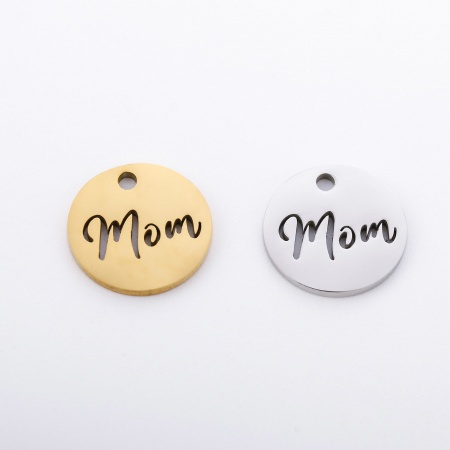 Breloques en 304 Acier Inoxydable Respectueux de la Nature Fête des Mères Rond Multicolore Gravé Mots" Mom " Creux 12mm Dia., 5 Pcs