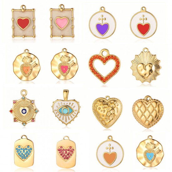 Picture of Eco-friendly Vacuum Plating 304 Stainless Steel Charms 18K Gold Plated Geometric Heart Enamel Multicolor Rhinestone
