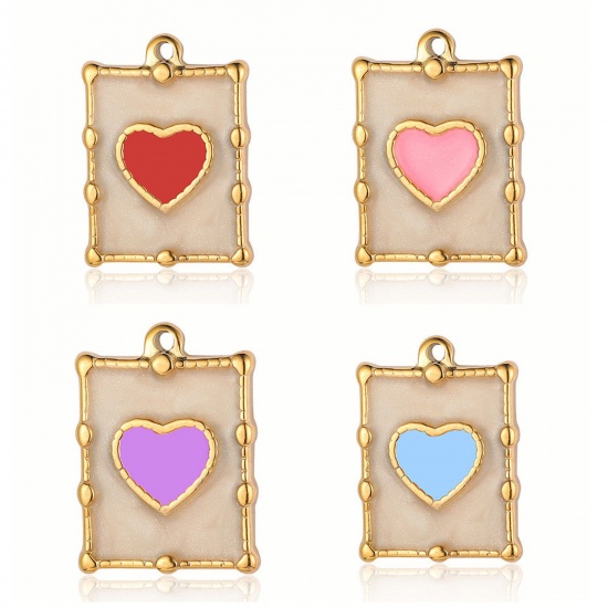 Picture of Eco-friendly Vacuum Plating 304 Stainless Steel Charms 18K Gold Plated Geometric Heart Enamel Multicolor Rhinestone