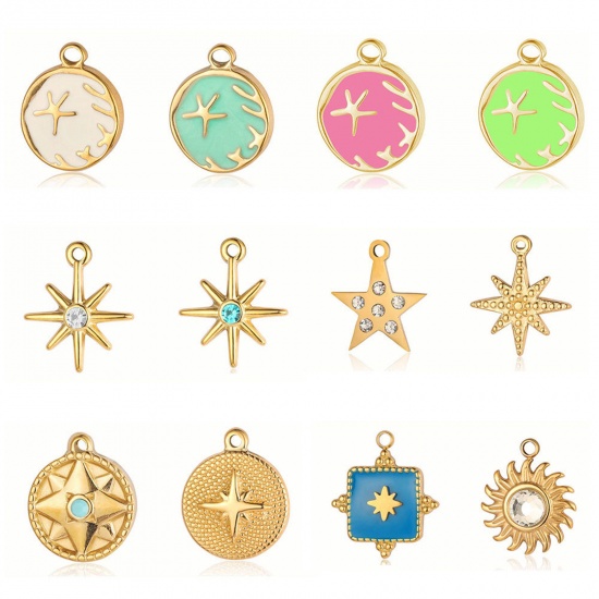 Picture of Eco-friendly Vacuum Plating 304 Stainless Steel Pendants 18K Gold Plated Multicolor Round Star Enamel