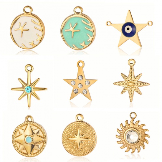 Picture of Eco-friendly Vacuum Plating 304 Stainless Steel Pendants 18K Gold Plated Multicolor Round Star Enamel