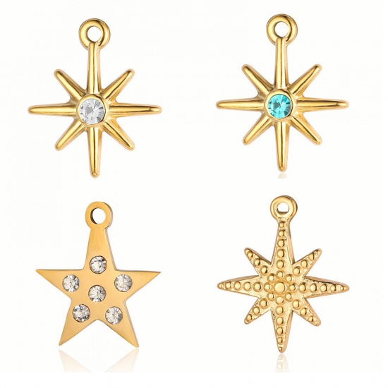 Picture of Eco-friendly Vacuum Plating 304 Stainless Steel Pendants 18K Gold Plated Multicolor Round Star Enamel