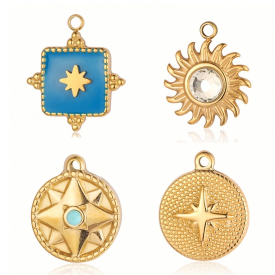 Picture of Eco-friendly Vacuum Plating 304 Stainless Steel Pendants 18K Gold Plated Multicolor Round Star Enamel