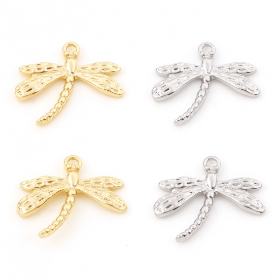 Immagine di Ottone Insetto Charms Libellula Vero Oro Placcato 22mm x 20mm, 2 Pz
