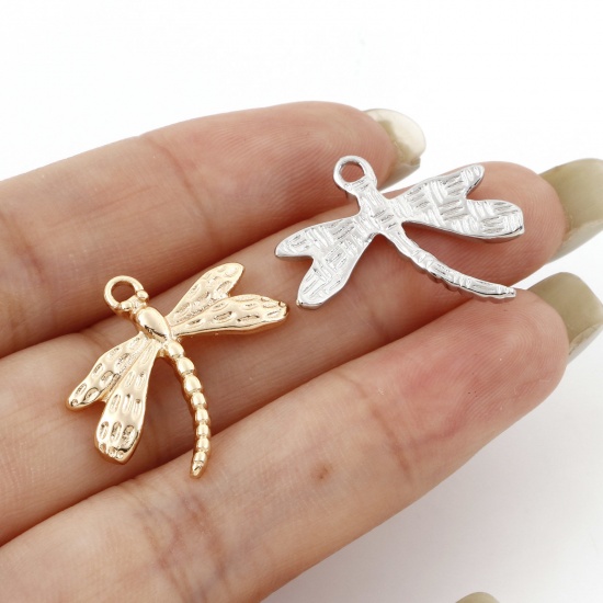 Immagine di Ottone Insetto Charms Libellula Vero Oro Placcato 22mm x 20mm, 2 Pz