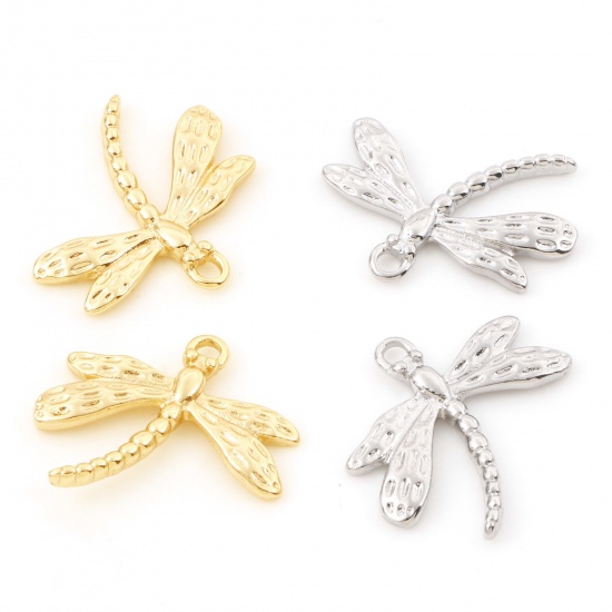 Immagine di Ottone Insetto Charms Libellula Vero Oro Placcato 22mm x 20mm, 2 Pz