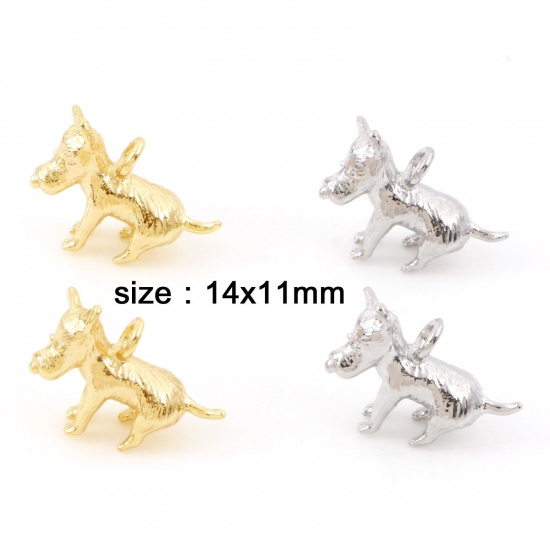 Immagine di Ottone Charms Cane Vero Oro Placcato 3D 14mm x 11mm, 2 Pz