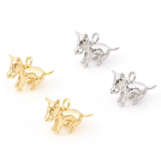 Immagine di Ottone Charms Cane Vero Oro Placcato 3D 14mm x 11mm, 2 Pz