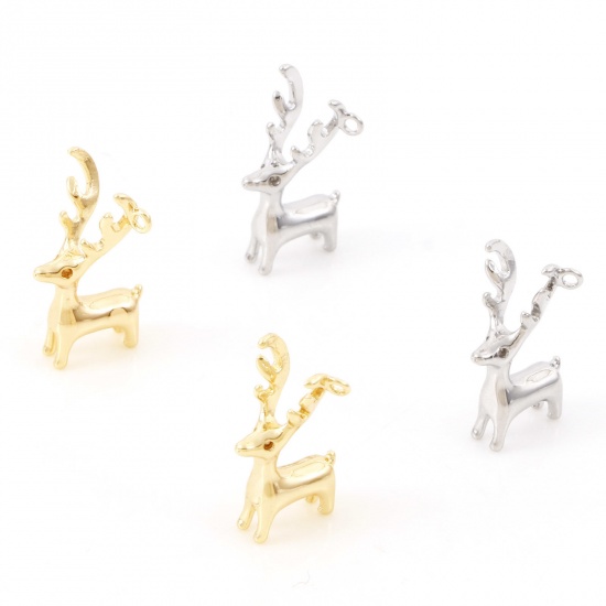 Imagen de Latón Colgantes Charms Reno Navidad Oro Real Chapado 3D 18mm x 10mm, 2 Unidades