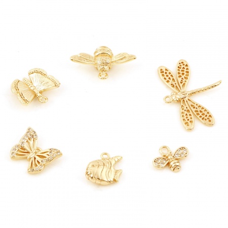 Breloques en Laiton Abeille Plaqué Or Véritable 18K Libellule 3D à Zircone Cubique Clair 3 Pcs