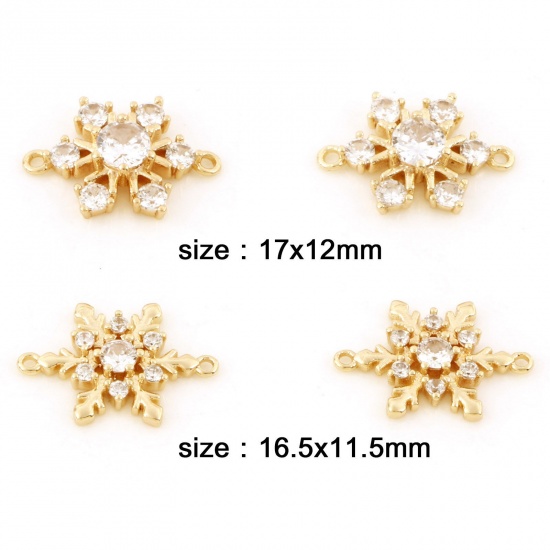 Picture of Brass Weather Collection Connectors Charms Pendants Christmas Snowflake 18K Real Gold Plated Micro Pave Clear Cubic Zirconia                                                                                                                                  