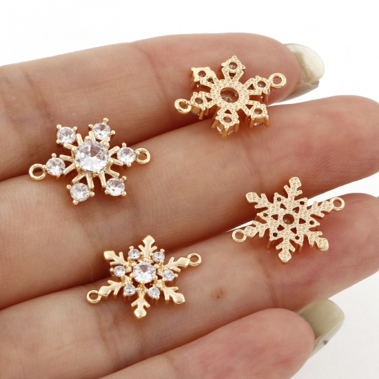 Picture of Brass Weather Collection Connectors Charms Pendants Christmas Snowflake 18K Real Gold Plated Micro Pave Clear Cubic Zirconia                                                                                                                                  