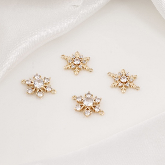 Picture of Brass Weather Collection Connectors Charms Pendants Christmas Snowflake 18K Real Gold Plated Micro Pave Clear Cubic Zirconia                                                                                                                                  