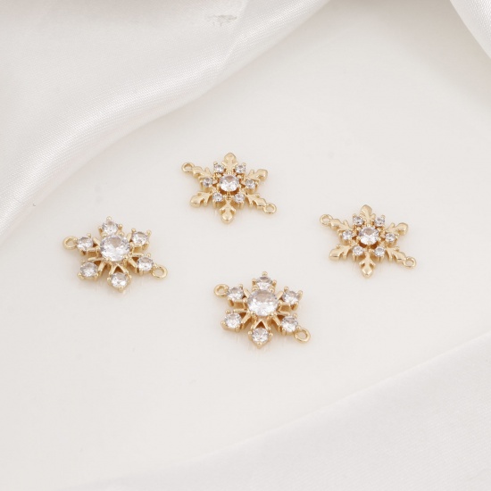 Picture of Brass Weather Collection Connectors Charms Pendants Christmas Snowflake 18K Real Gold Plated Micro Pave Clear Cubic Zirconia