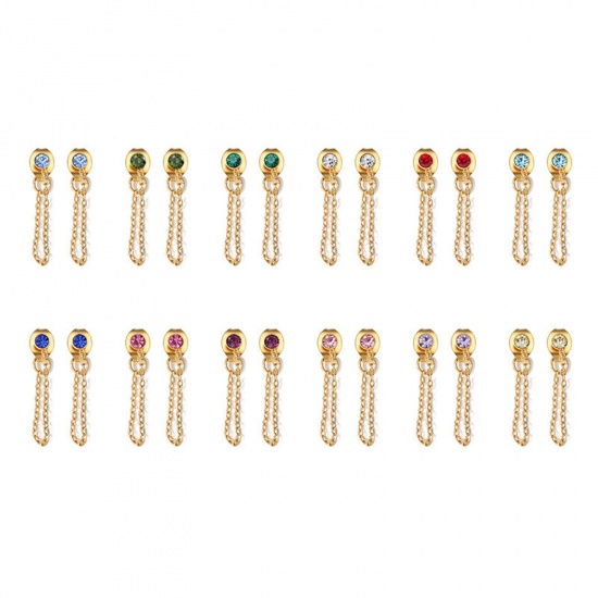 Immagine di Pietre Nascita Nappa Orecchini All'Ingrosso, Catena a Maglie Multicolore Strass Placcato Oro 14K 304 Acciaio Inossidabile, Donne Placcatura Sottovuoto Ecologica Regalo Fornitura di Gioielli, 3mm Dia., 1 Paio