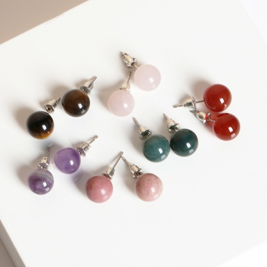 Picture of Gemstone ( Natural ) Ear Post Stud Earrings Silver Tone Multicolor Ball With Stoppers