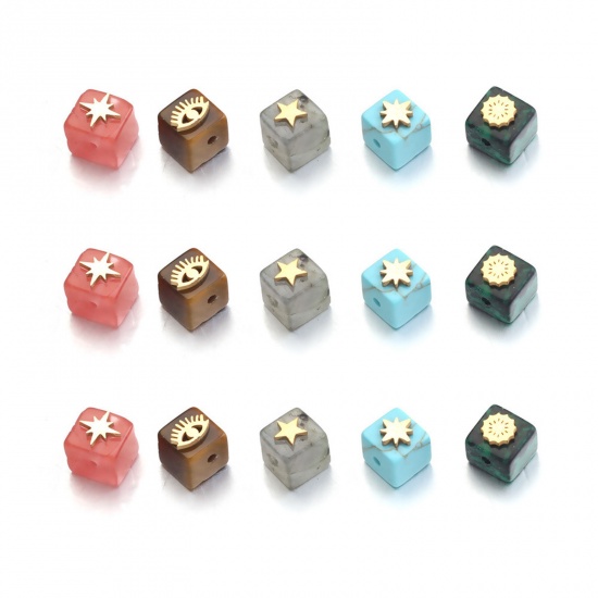 Picture of Stone ( Natural Dyed ) Loose Beads With Stailess Steel Patch For DIY Charm Jewelry Making Geometric Gold Plated
