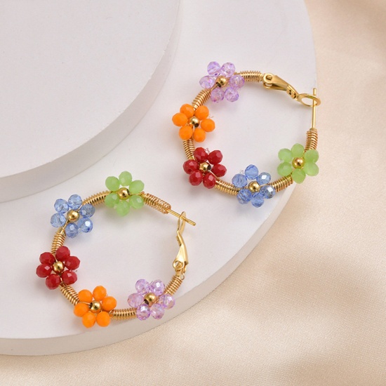 Picture of Hypoallergenic Natural Pastoral Boho Chic Bohemia 14K Real Gold Plated Multicolor 304 Stainless Steel & Lampwork Glass Flower Hoop Earrings For Women Party