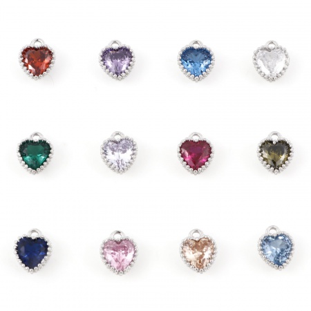 Brass Birthstone Charms Real Platinum Plated Heart Multicolour Cubic Zirconia 8mm x 6.5mm