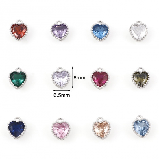 Picture of Brass Birthstone Charms Real Platinum Plated Heart Multicolour Cubic Zirconia 8mm x 6.5mm                                                                                                                                                                     