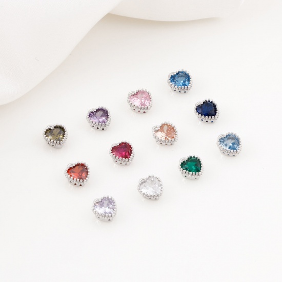 Picture of Brass Birthstone Charms Real Platinum Plated Heart Multicolour Cubic Zirconia 8mm x 6.5mm                                                                                                                                                                     