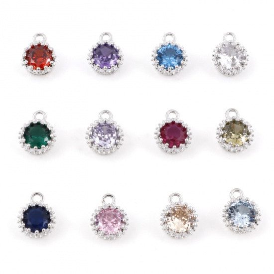 Picture of Brass Birthstone Charms Real Platinum Plated Round Multicolour Cubic Zirconia 9mm x 7mm                                                                                                                                                                       