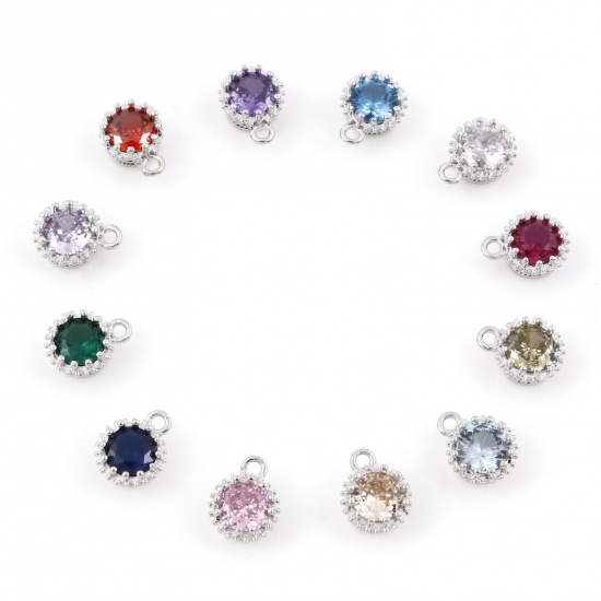 Picture of Brass Birthstone Charms Real Platinum Plated Round Multicolour Cubic Zirconia 9mm x 7mm                                                                                                                                                                       