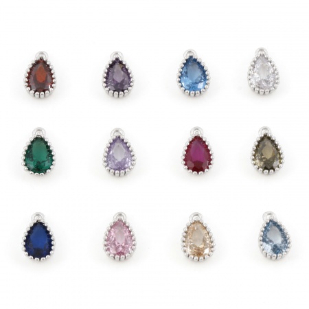 Brass Birthstone Charms Real Platinum Plated Drop Multicolour Cubic Zirconia 8.5mm x 5mm