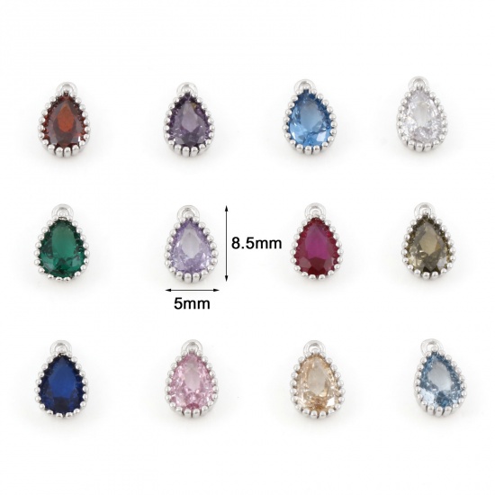 Imagen de Latón piedra del zodíaco Colgantes Charms Gota Platino Real Chapado Multicolor Circón Artificial 8.5mm x 5mm, 2 Unidades