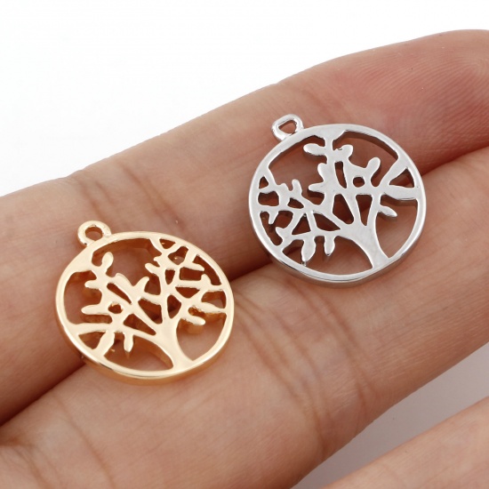 Image de Breloques en Laiton Rond Plaqué Or Véritable Arbre de Vie 17mm x 15mm, 2 Pcs                                                                                                                                                                                  