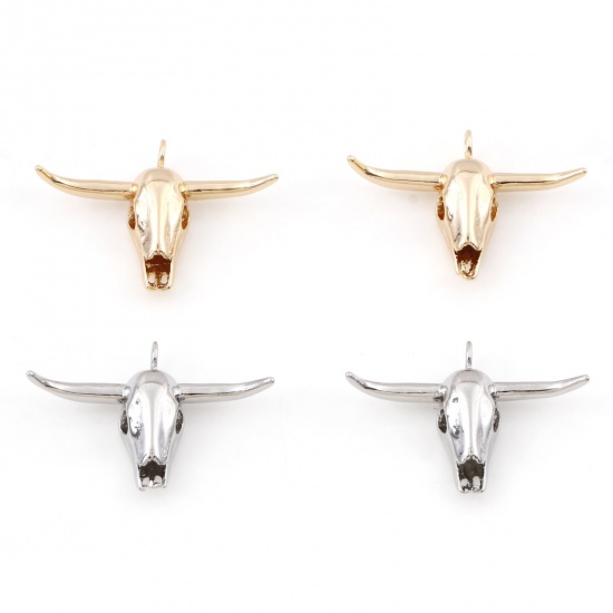 Picture of Brass Boho Chic Bohemia Charms Real Gold Plated Cow Animal Bone 3D 24mm x 17mm