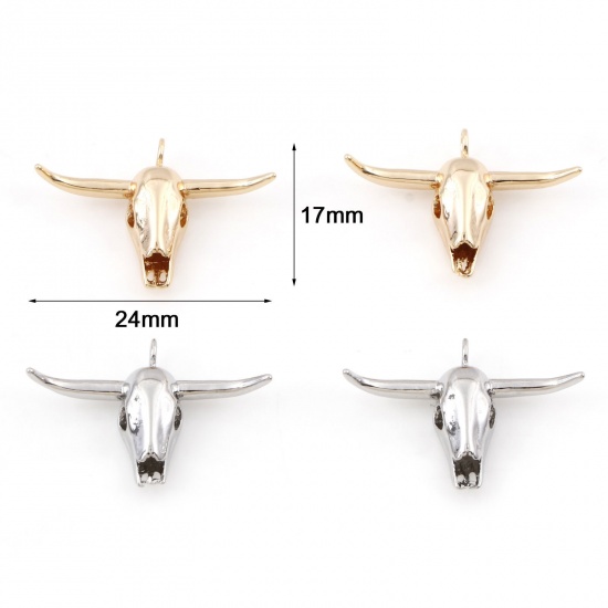 Picture of Brass Boho Chic Bohemia Charms Real Gold Plated Cow Animal Bone 3D 24mm x 17mm