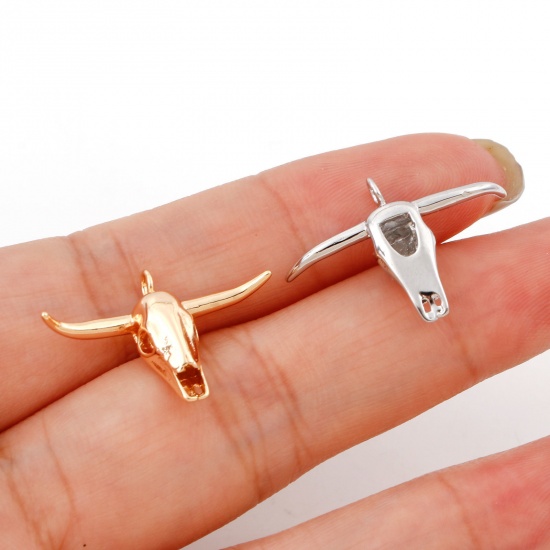 Picture of Brass Boho Chic Bohemia Charms Real Gold Plated Cow Animal Bone 3D 24mm x 17mm