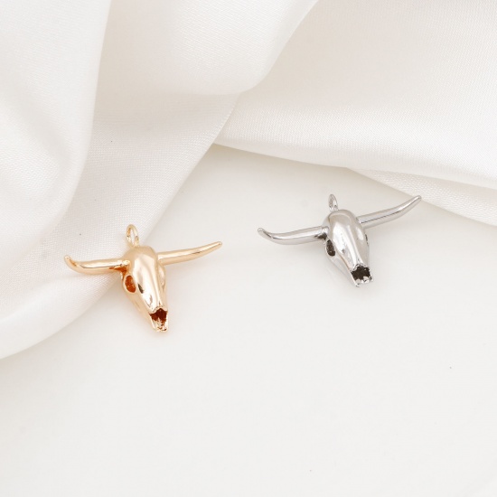 Picture of Brass Boho Chic Bohemia Charms Real Gold Plated Cow Animal Bone 3D 24mm x 17mm