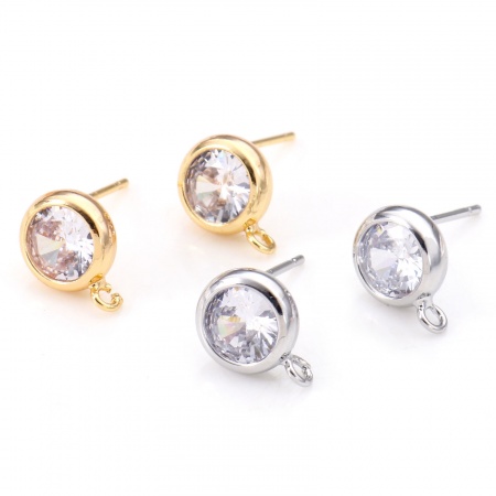 Ottone Orecchini a Perno Vero Oro Placcato Tondo Con Loop Trasparente Cubic Zirconiae 11mm x 8mm, Dimensione di Posta / Cavo: (21 misura), 2 Pz