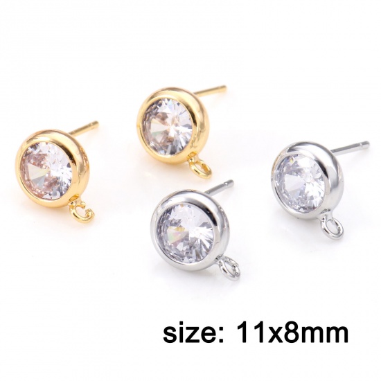 Picture of Brass Ear Post Stud Earrings Real Gold Plated Round With Loop Clear Cubic Zirconia 11mm x 8mm                                                                                                                                                                 