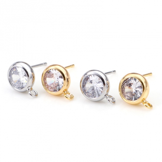 Picture of Brass Ear Post Stud Earrings Real Gold Plated Round With Loop Clear Cubic Zirconia 11mm x 8mm                                                                                                                                                                 