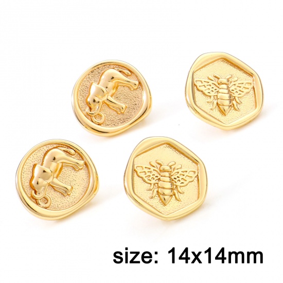 Picture of Brass Ear Post Stud Earrings 18K Real Gold Plated Elephant Animal Insect With Loop 14mm x 14mm                                                                                                                                                                