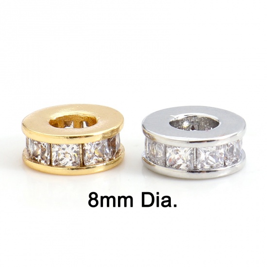 Picture of Brass & Cubic Zirconia Spacer Beads For DIY Bracelet Jewelry Making Findings Real Gold Plated Transparent Clear Round About 8mm Dia